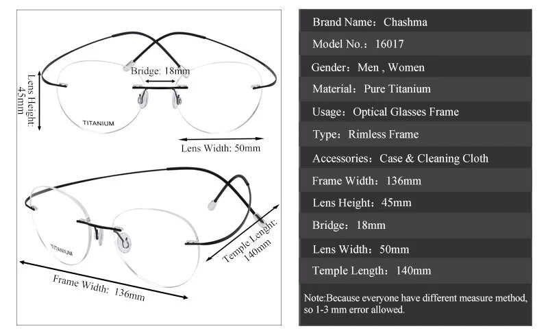 Chashma Ottica Women's Rimless Round Titanium Eyeglasses 416017 Rimless Chashma Ottica