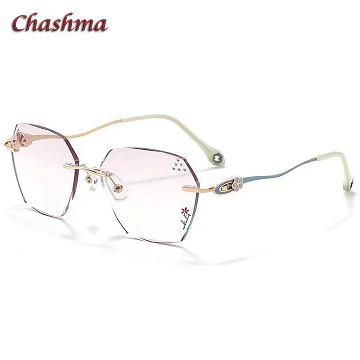 Chashma Ochki Women's Rimless Flat Top Polygon Titanium Eyeglasses 2611 Rimless Chashma Ochki Gold-Green  