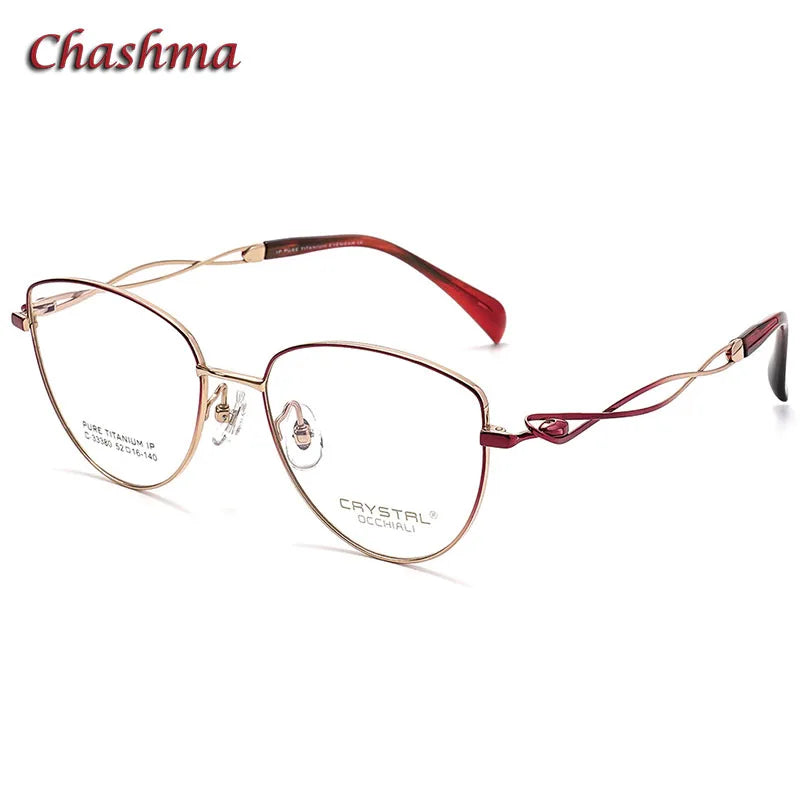 Chashma Ochki Women's Full Rim Cat Eye Titanium Eyeglasses 33380 Full Rim Chashma Ochki Dark Red-Gold  