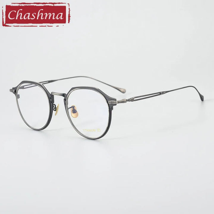 Chashma Unisex Full Rim Flat Top Round Titanium Acetate Eyeglasses 061 Full Rim Chashma Black-Gun  