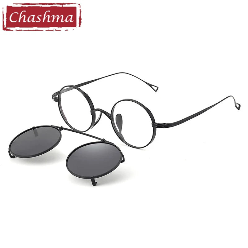 Chashma Ochki Women's Full Rim Round Titanium Eyeglasses Clip On Sunglasses 310518