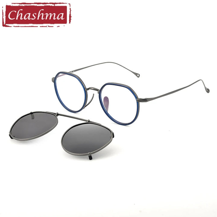 Chashma Ochki Women's Full Rim Round Titanium Eyeglasses Clip On Sunglasses 97310