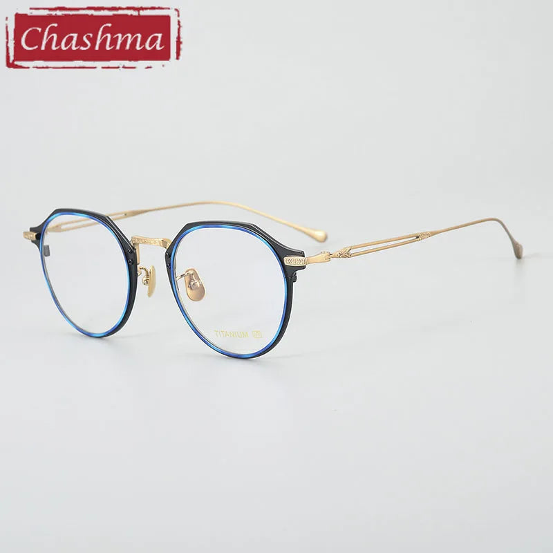 Chashma Unisex Full Rim Flat Top Round Titanium Acetate Eyeglasses 061 Full Rim Chashma Blue Amber-Gold  