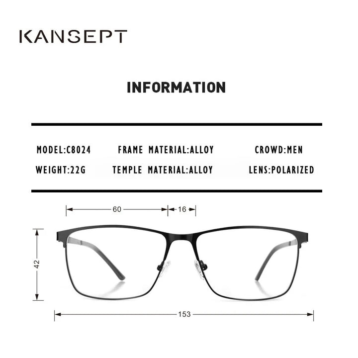 Kansept Men's Full Rim Big Square Steel Eyeglasses Clip On Sunglasses 8024