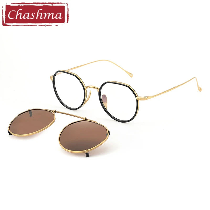 Chashma Ochki Women's Full Rim Round Titanium Eyeglasses Clip On Sunglasses 97310
