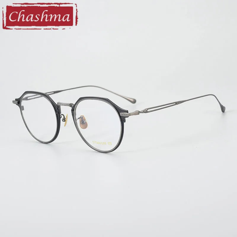 Chashma Unisex Full Rim Flat Top Round Titanium Acetate Eyeglasses 061 Full Rim Chashma Black-Silver  