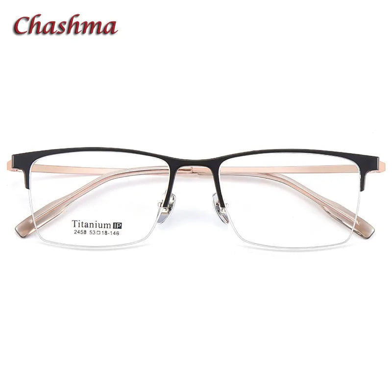 Chashma Ochki Unisex Semi Rim Square Titanium Aluminum Magnesium Eyeglasses 2458 Semi Rim Chashma Ochki Black Gold-C5  