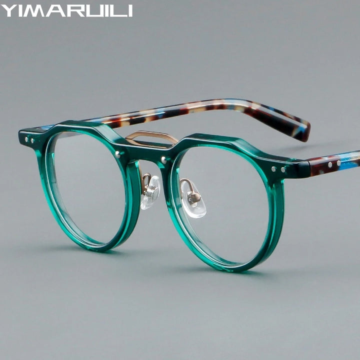 Yimaruili Unisex Full Rim Flat Top Round Double Bridge Acetate Alloy Eyeglasses Y5805 Full Rim Yimaruili Eyeglasses   