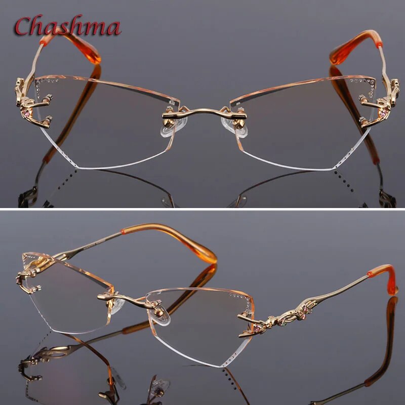 Chashma Women's Rimless Eyeglasses Tint Lenses Titanium Diamond Cut Cat Eye 8036Ce Rimless Chashma Gold Shape A  