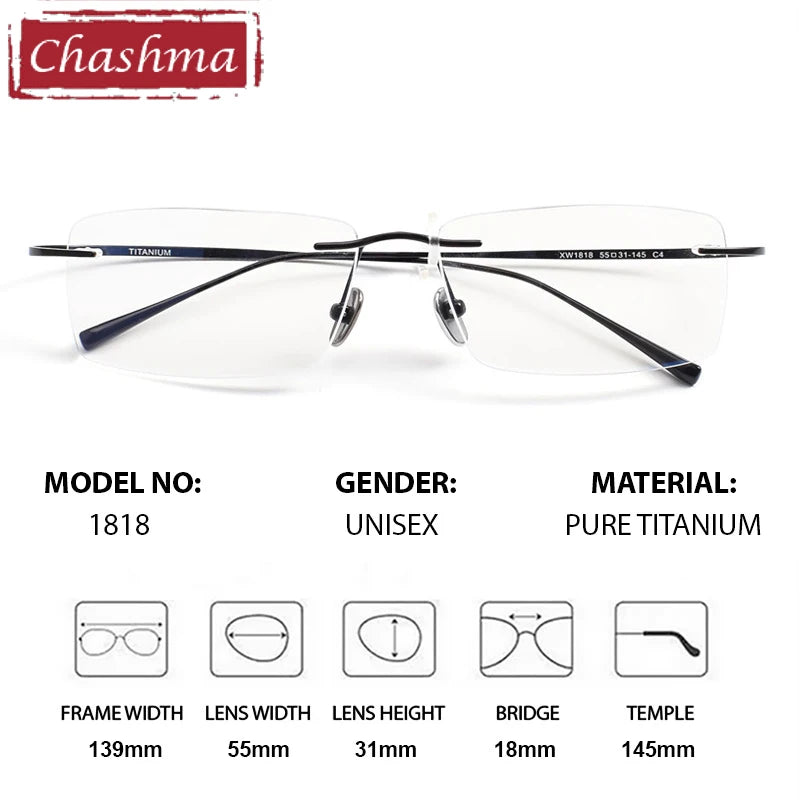 Chashma Ottica Unisex Rimless Square Titanium Eyeglasses 401818