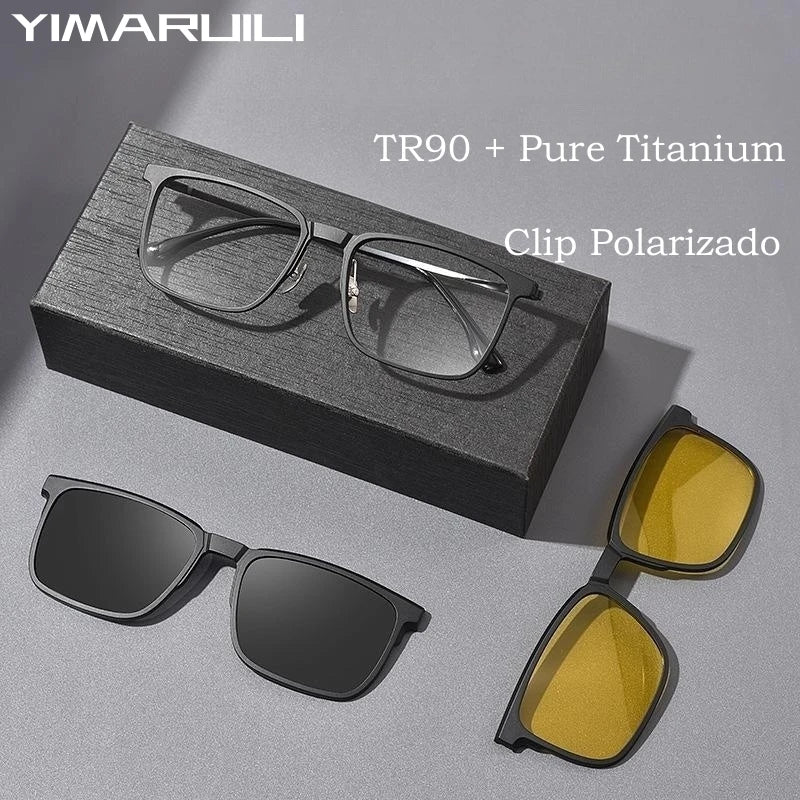 Yimaruili Unisex Full Rim Square Titanium Eyeglasses Clip On Tr 90 Sunglasses 5088 With Clip Ons Yimaruili Eyeglasses   