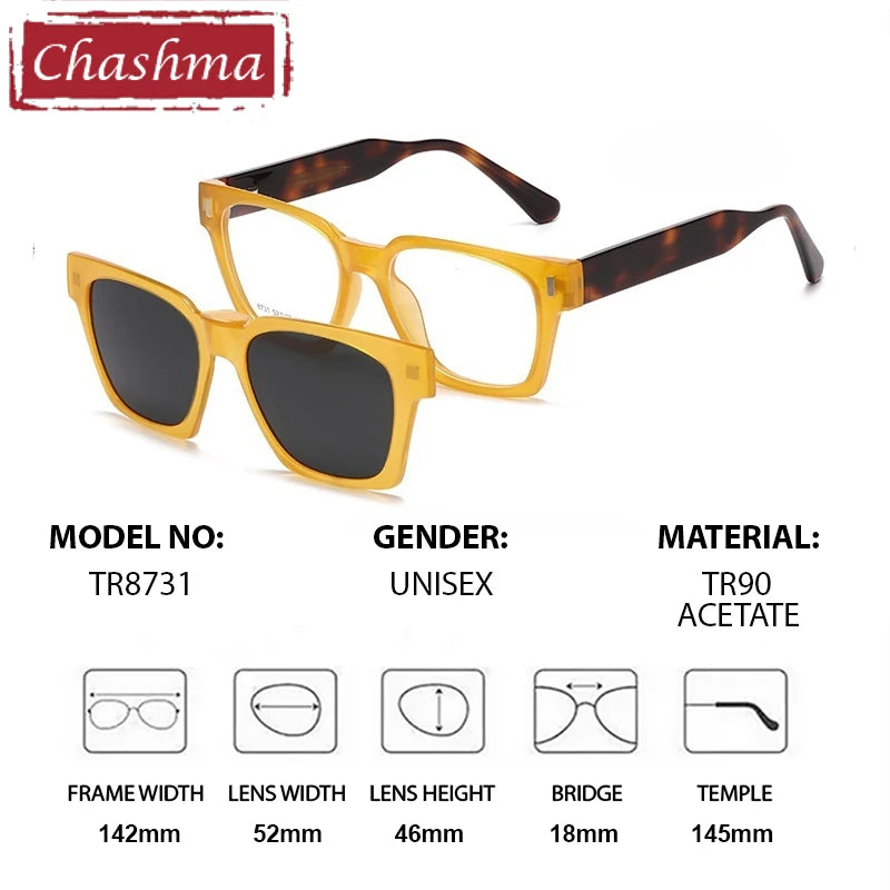 Chashma Ochki Unisex Full Rim Square Tr 90 Acetate Eyeglasses Clip On Sunglasses 938731