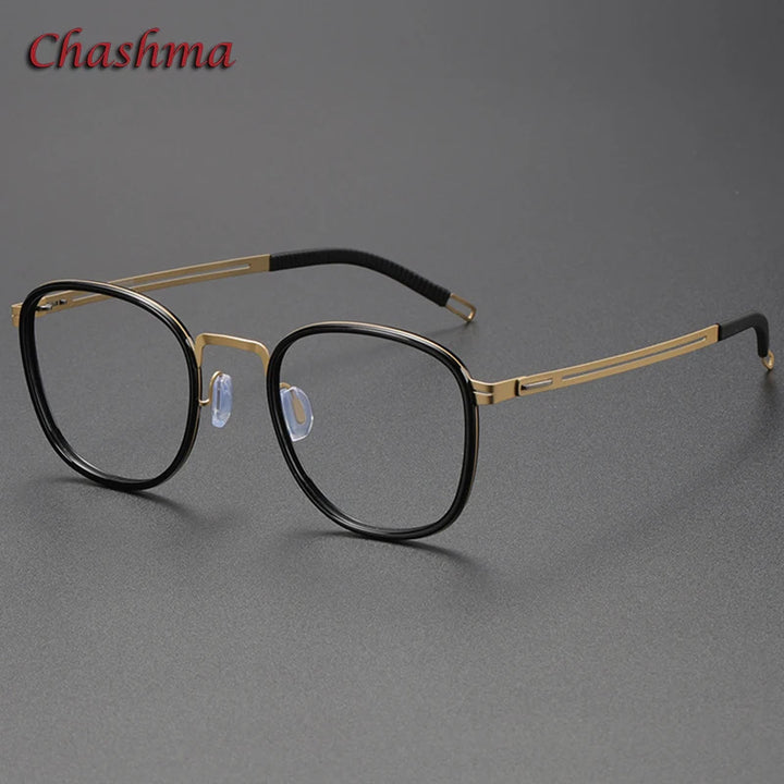 Chashma Ochki Unisex Full Rim Square Titanium Acetate Eyeglasses 2307 Full Rim Chashma Ochki Black-Gold-C1  