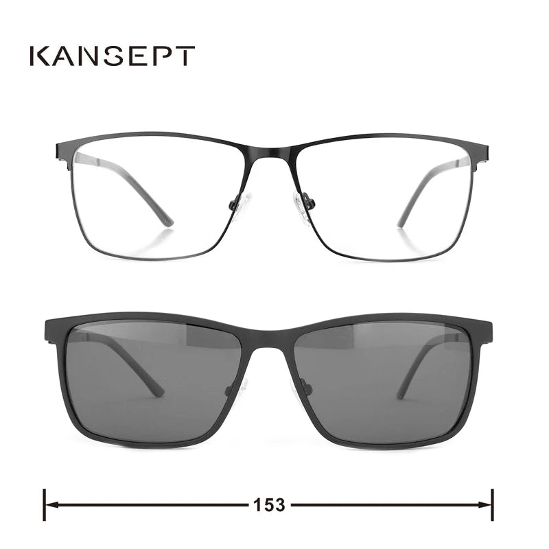 Kansept Men's Full Rim Big Square Steel Eyeglasses Clip On Sunglasses 8024