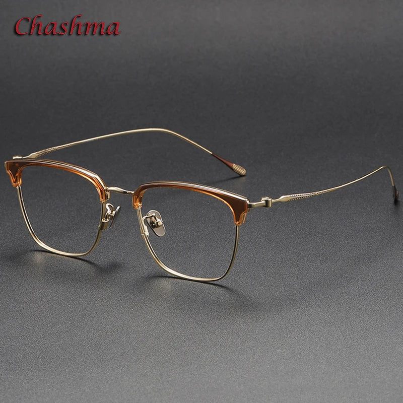 Chashma Ochki Unisex Full Rim Square Titanium Acetate Eyeglasses 80899 Full Rim Chashma Ochki Trans Brown-Gold-C3  