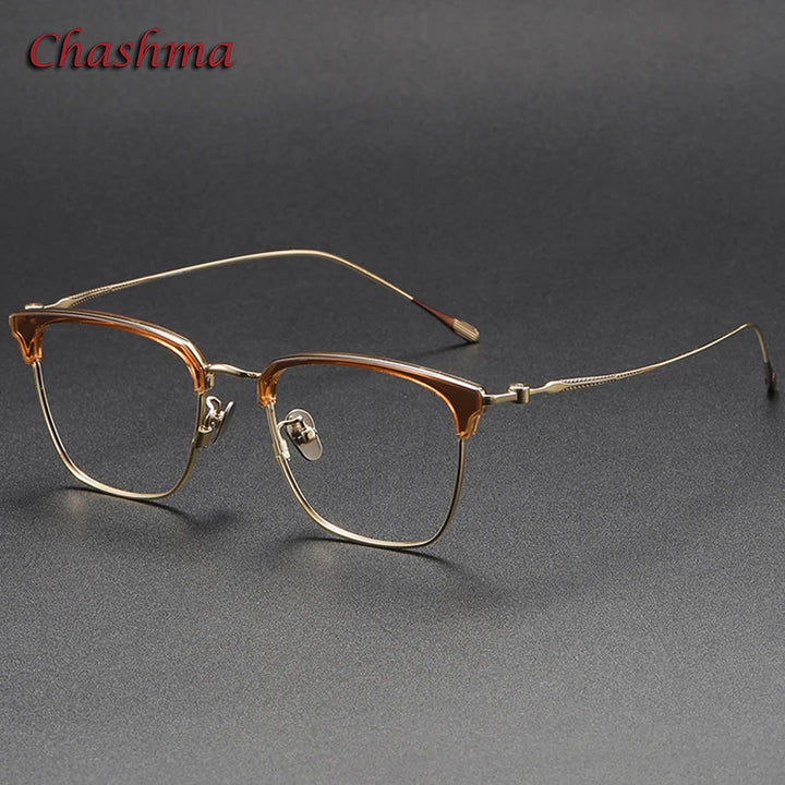 Chashma Ochki Unisex Full Rim Square Titanium Acetate Eyeglasses 480899 Full Rim Chashma Ochki Trans Brown-Gold-C3  