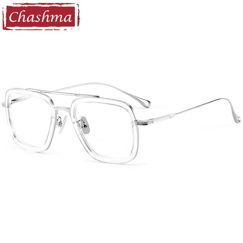 Chashma Unisex Full Rim Square Double Bridge Acetate Titanium Eyeglasses T927 Full Rim Chashma Transparent Silver  