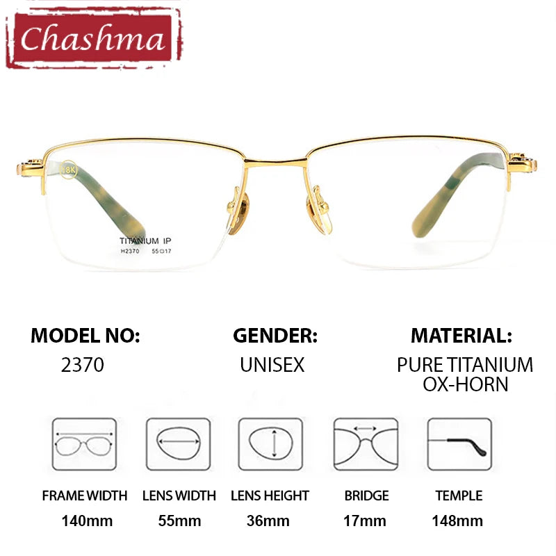 Chashma Ochki Unisex Semi Rim Square Titanium Horn Eyeglasses 932370