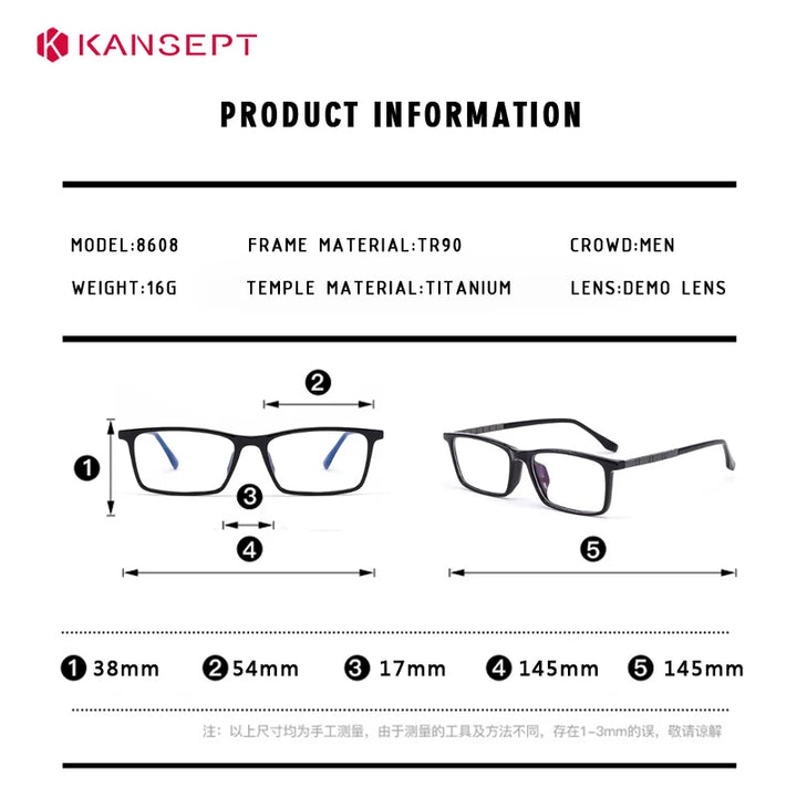 Kansept Unisex Full Rim Square Tr 90 Titanium Reading Glasses 86085