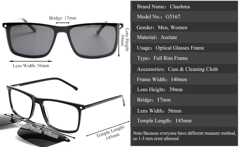 Chashma Unisex Full Rim Square Acetate Eyeglasses Clip On Sunglasses