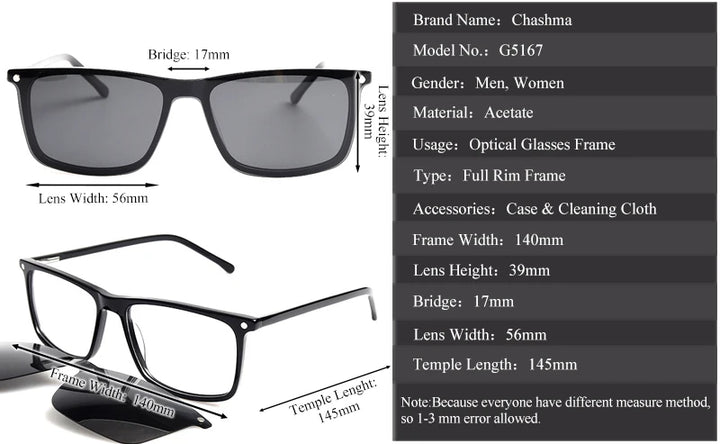 Chashma Unisex Full Rim Square Acetate Eyeglasses Clip On Sunglasses