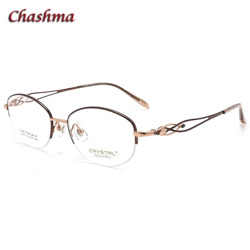 Chashma Ochki Women's Semi Rim Oval Titanium Eyeglasses 33371 Semi Rim Chashma Ochki Brown-Rose Gold  