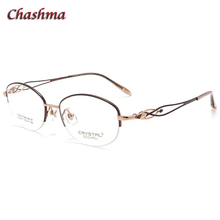 Chashma Ochki Women's Semi Rim Oval Titanium Eyeglasses 33371 Semi Rim Chashma Ochki Brown-Rose Gold  