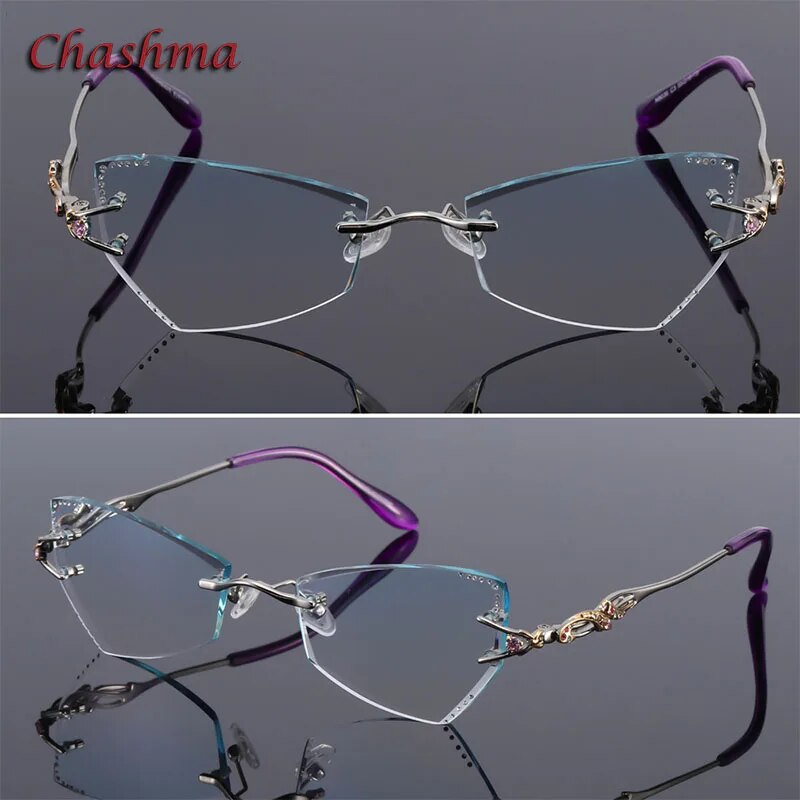 Chashma Women's Rimless Eyeglasses Tint Lenses Titanium Diamond Cut Cat Eye 8036Ce Rimless Chashma Silver Shape A  