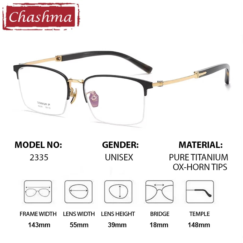 Chashma Ottica Men's Semi Rim Square Titanium Horn Eyeglasses 402035
