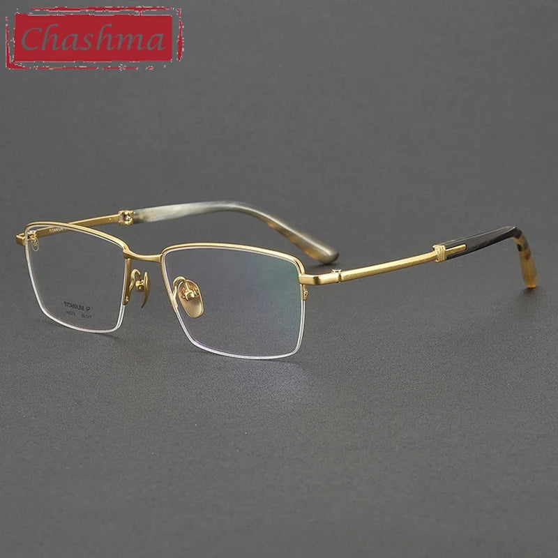 Chashma Ochki Unisex Semi Rim Square Titanium Horn Eyeglasses 932370