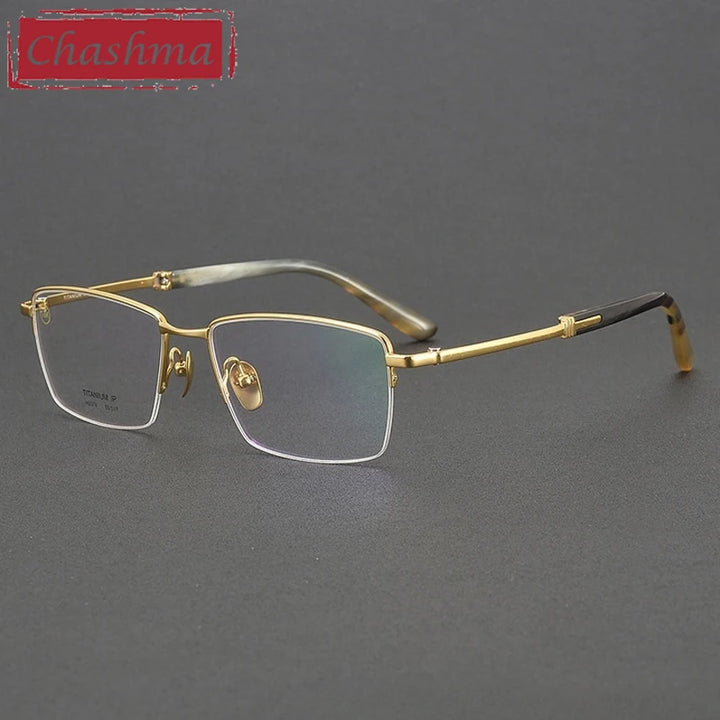 Chashma Ochki Unisex Semi Rim Square Titanium Horn Eyeglasses 932370