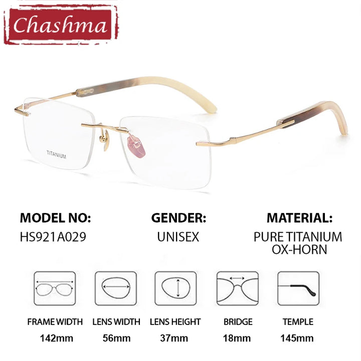 Chashma Ochki Men's Rimless Square Titanium Horn Eyeglasses 921029