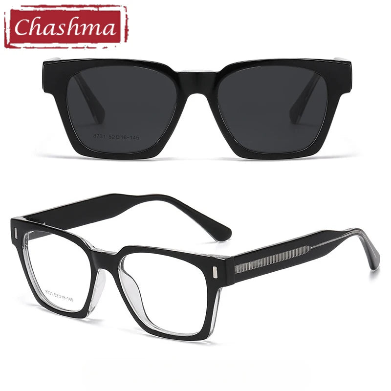Chashma Ochki Unisex Full Rim Square Tr 90 Acetate Eyeglasses Clip On Sunglasses 938731