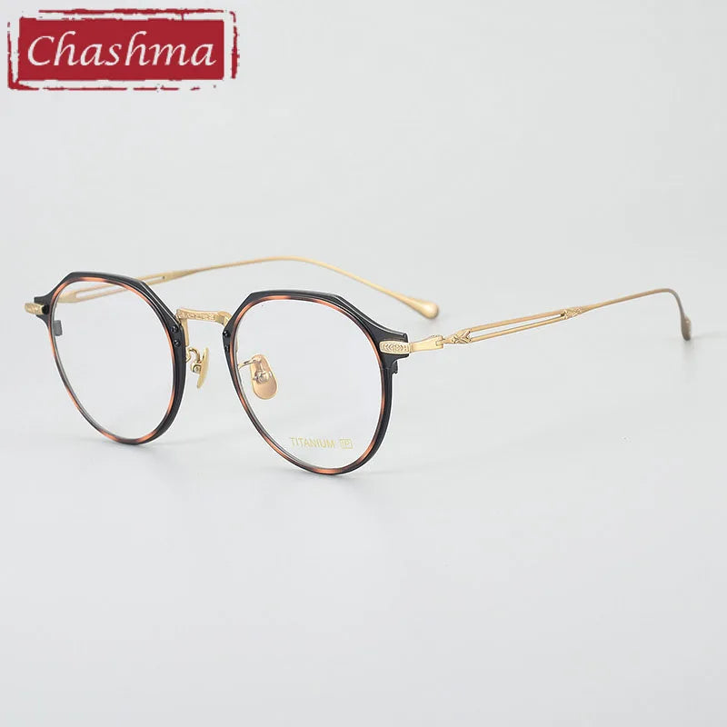 Chashma Unisex Full Rim Flat Top Round Titanium Acetate Eyeglasses 061 Full Rim Chashma Leopard-Gold  