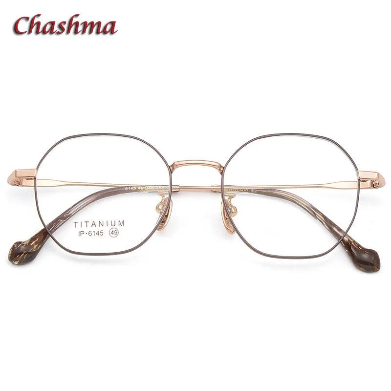 Chashma Ochki Unisex Full Rim Polygon Titanium Eyeglasses 6145 Full Rim Chashma Ochki C2-Coffee-Rose Gold  