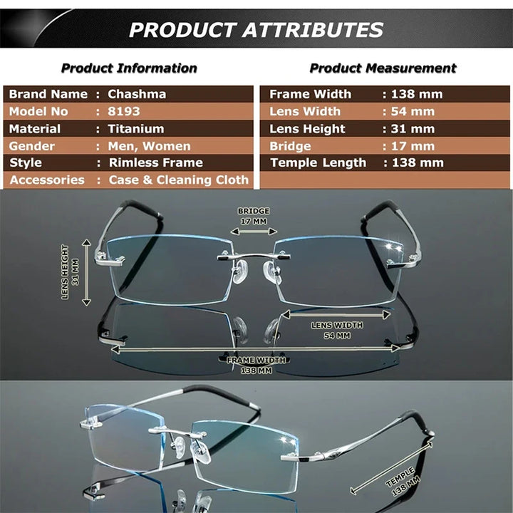 Chashma Women's Rimless Square Titanium Eyeglasses 888193.