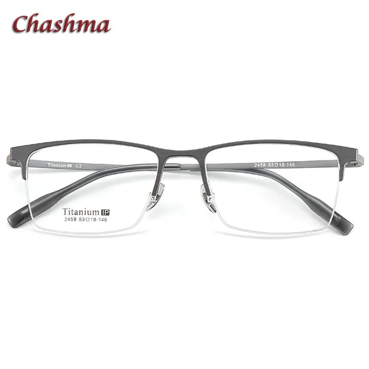 Chashma Ochki Unisex Semi Rim Square Titanium Aluminum Magnesium Eyeglasses 2458 Semi Rim Chashma Ochki Gray Gun-C2  