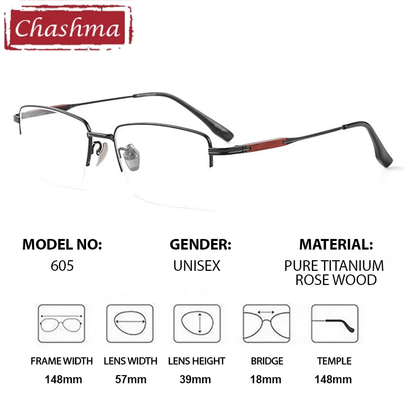 Chashma Ottica Men's Semi Rim Square Titanium Wood Eyeglasses 401605
