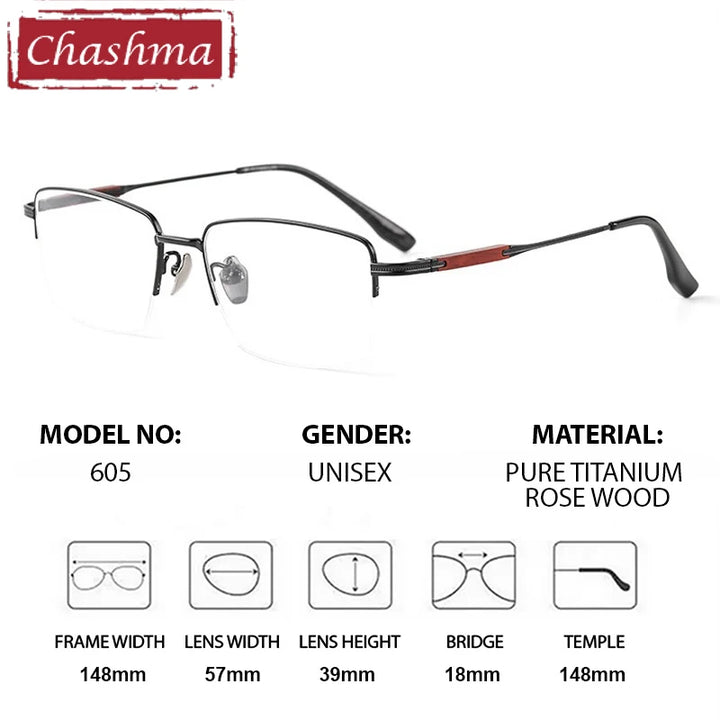 Chashma Ottica Men's Semi Rim Square Titanium Wood Eyeglasses 401605