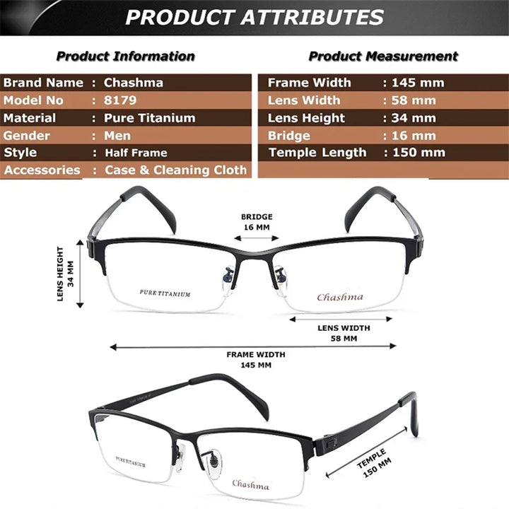 Chashma Men's Semi Rim Square Titanium Eyeglasses 81479