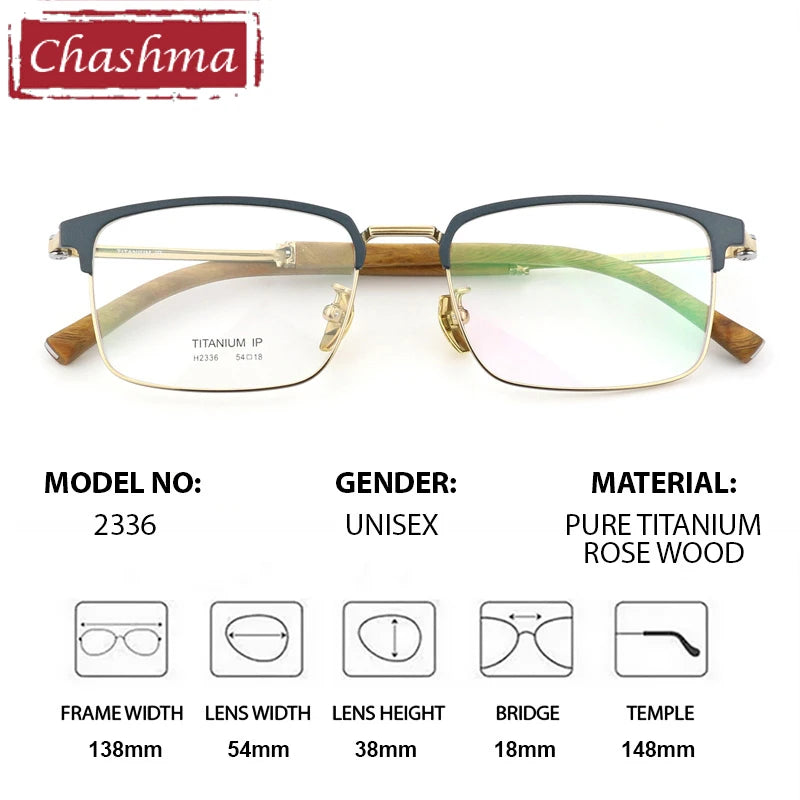 Chashma Ottica Unisex Full Rim Square Titanium Wood Eyeglasses 402336