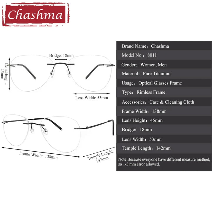 Chashma Women's Rimless Oval Cat Eye Titanium Eyeglasses 878011