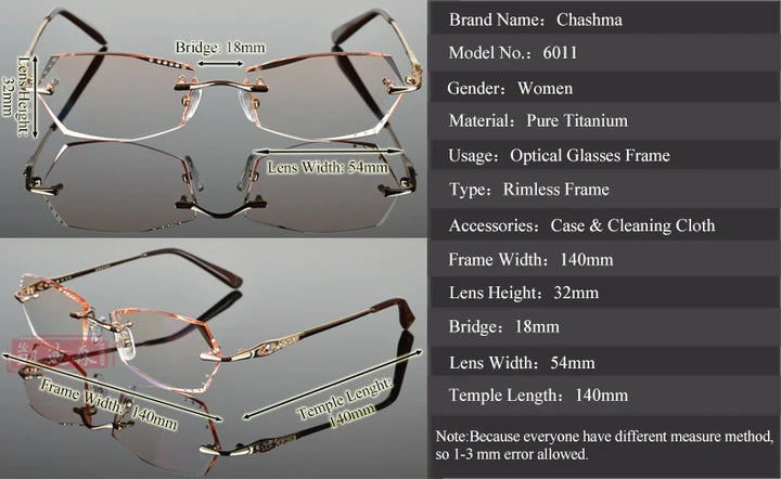 Chashma Women's Rimless Square Titanium Eyeglasses 60114