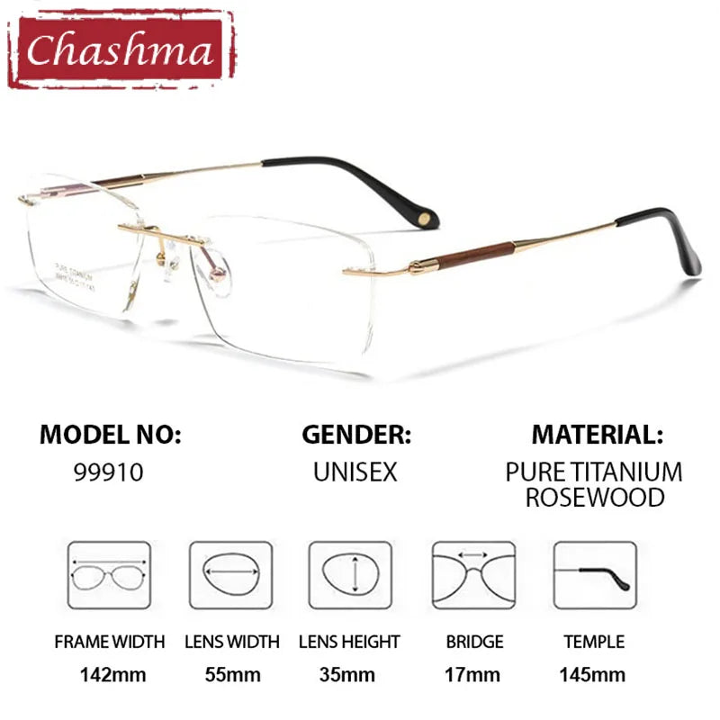 Chashma Unisex Rimless Square Titanium Rosewood Eyeglasses 799910