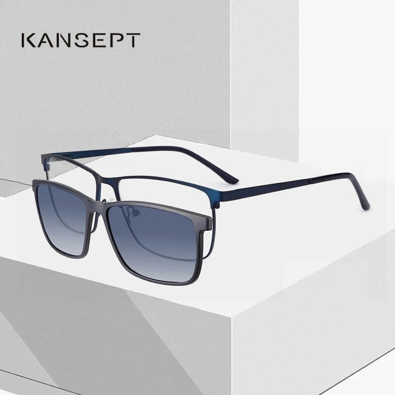 Kansept Men's Full Rim Big Square Steel Eyeglasses Clip On Sunglasses 8024