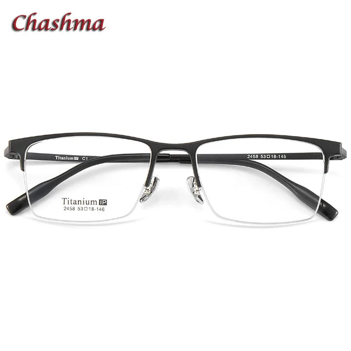 Chashma Ochki Unisex Semi Rim Square Titanium Aluminum Magnesium Eyeglasses 2458 Semi Rim Chashma Ochki Black-C1  