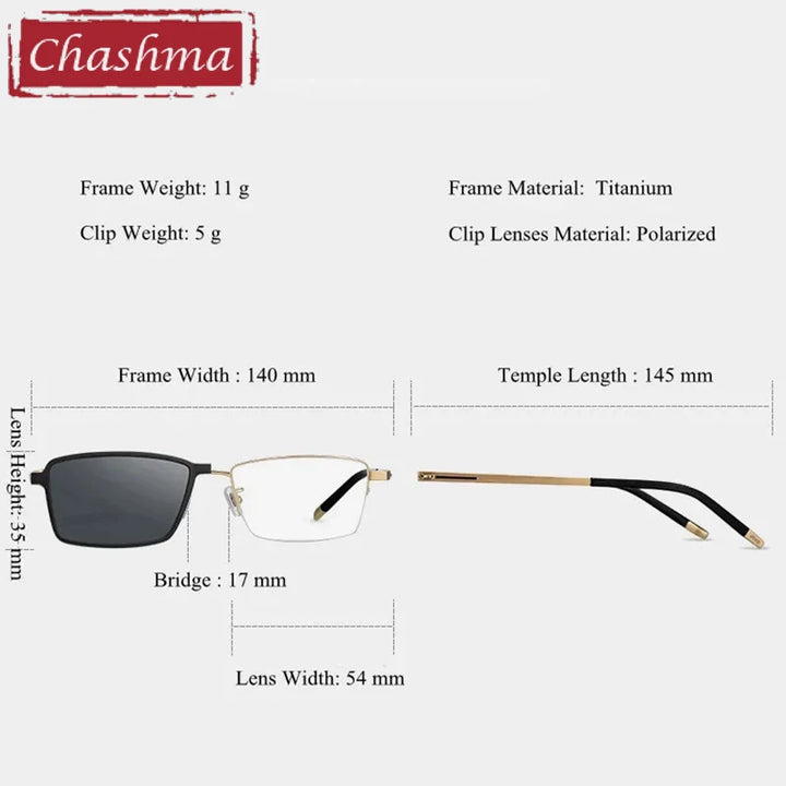 Chashma Men's Semi Rim Square Titanium Eyeglasses Clip On Sunglasses 587071