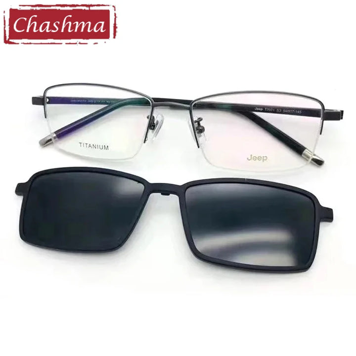 Chashma Men's Semi Rim Square Titanium Eyeglasses Clip On Sunglasses 587071