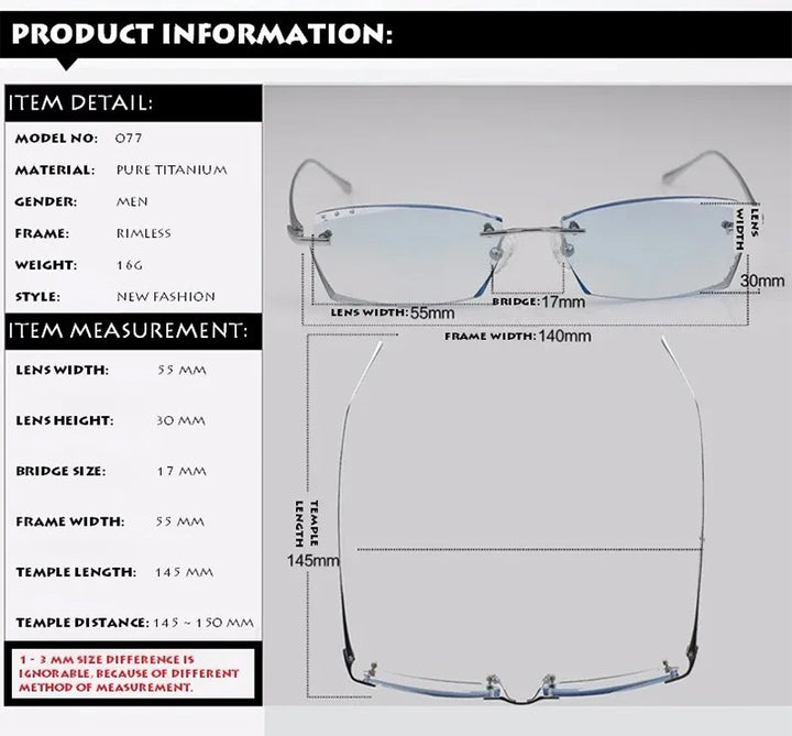 Chashma Ochki Men's Rimless Square Titanium Diamond Cut Eyeglasses 82077