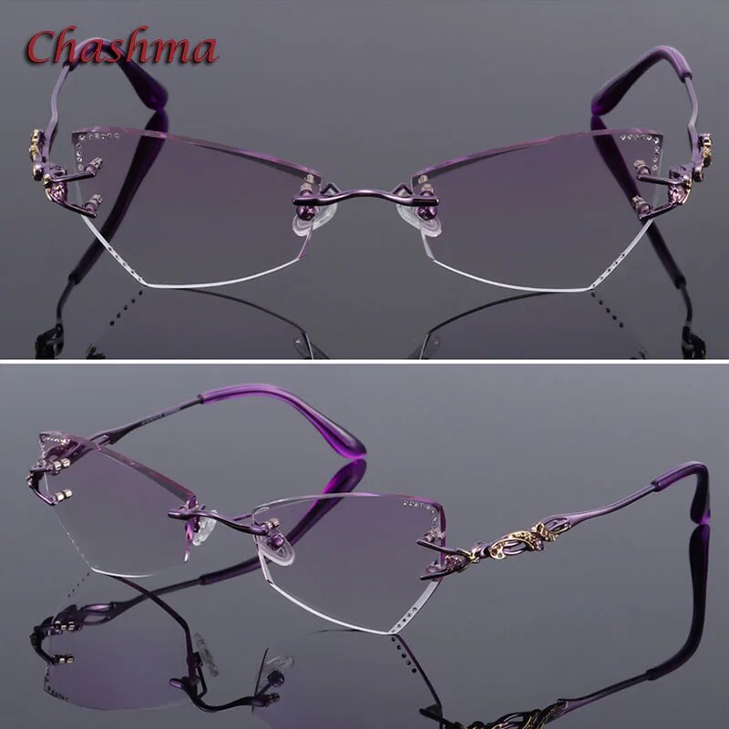 Chashma Women's Rimless Eyeglasses Tint Lenses Titanium Diamond Cut Cat Eye 8036Ce Rimless Chashma Purple Shape A  
